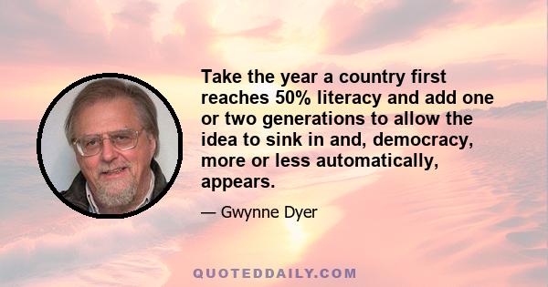 Take the year a country first reaches 50% literacy and add one or two generations to allow the idea to sink in and, democracy, more or less automatically, appears.