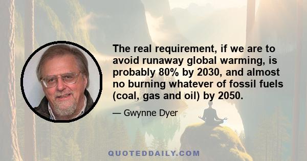 The real requirement, if we are to avoid runaway global warming, is probably 80% by 2030, and almost no burning whatever of fossil fuels (coal, gas and oil) by 2050.