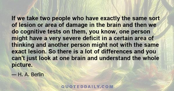 If we take two people who have exactly the same sort of lesion or area of damage in the brain and then we do cognitive tests on them, you know, one person might have a very severe deficit in a certain area of thinking