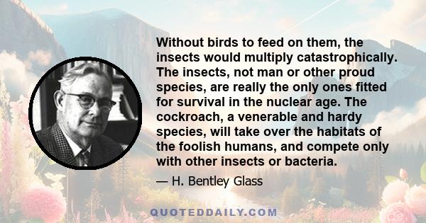 Without birds to feed on them, the insects would multiply catastrophically. The insects, not man or other proud species, are really the only ones fitted for survival in the nuclear age. The cockroach, a venerable and