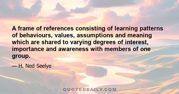 A frame of references consisting of learning patterns of behaviours, values, assumptions and meaning which are shared to varying degrees of interest, importance and awareness with members of one group.