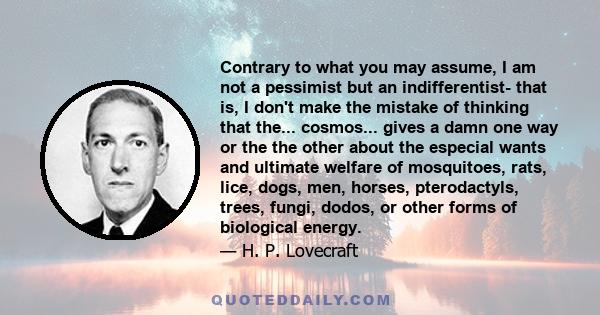 Contrary to what you may assume, I am not a pessimist but an indifferentist- that is, I don't make the mistake of thinking that the... cosmos... gives a damn one way or the the other about the especial wants and