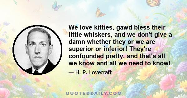 We love kitties, gawd bless their little whiskers, and we don't give a damn whether they or we are superior or inferior! They're confounded pretty, and that's all we know and all we need to know!