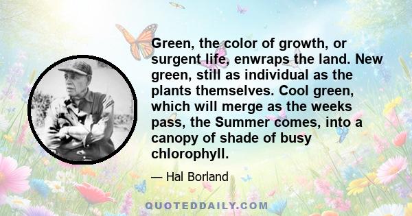 Green, the color of growth, or surgent life, enwraps the land. New green, still as individual as the plants themselves. Cool green, which will merge as the weeks pass, the Summer comes, into a canopy of shade of busy