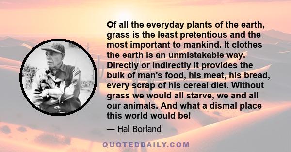 Of all the everyday plants of the earth, grass is the least pretentious and the most important to mankind. It clothes the earth is an unmistakable way. Directly or indirectly it provides the bulk of man's food, his