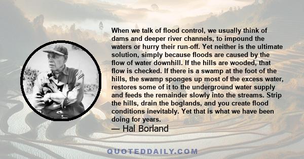 When we talk of flood control, we usually think of dams and deeper river channels, to impound the waters or hurry their run-off. Yet neither is the ultimate solution, simply because floods are caused by the flow of