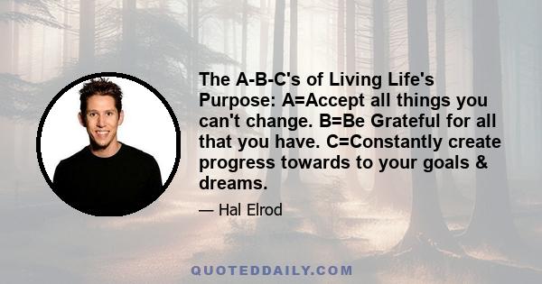 The A-B-C's of Living Life's Purpose: A=Accept all things you can't change. B=Be Grateful for all that you have. C=Constantly create progress towards to your goals & dreams.