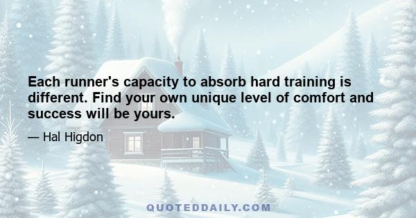 Each runner's capacity to absorb hard training is different. Find your own unique level of comfort and success will be yours.