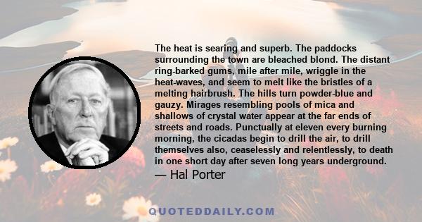 The heat is searing and superb. The paddocks surrounding the town are bleached blond. The distant ring-barked gums, mile after mile, wriggle in the heat-waves, and seem to melt like the bristles of a melting hairbrush.