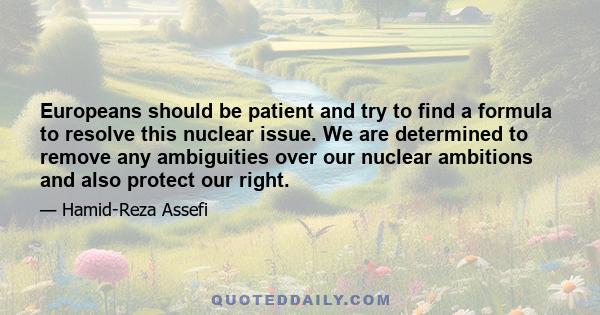 Europeans should be patient and try to find a formula to resolve this nuclear issue. We are determined to remove any ambiguities over our nuclear ambitions and also protect our right.