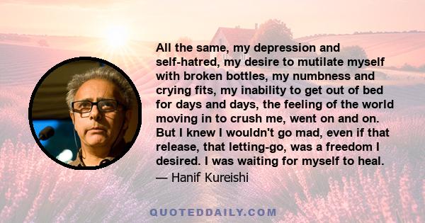 All the same, my depression and self-hatred, my desire to mutilate myself with broken bottles, my numbness and crying fits, my inability to get out of bed for days and days, the feeling of the world moving in to crush