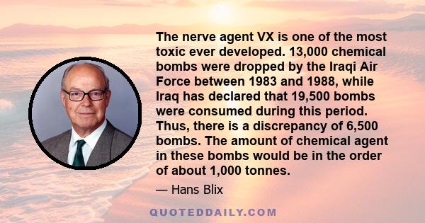 The nerve agent VX is one of the most toxic ever developed. 13,000 chemical bombs were dropped by the Iraqi Air Force between 1983 and 1988, while Iraq has declared that 19,500 bombs were consumed during this period.