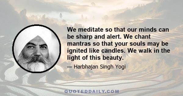 We meditate so that our minds can be sharp and alert. We chant mantras so that your souls may be ignited like candles. We walk in the light of this beauty.