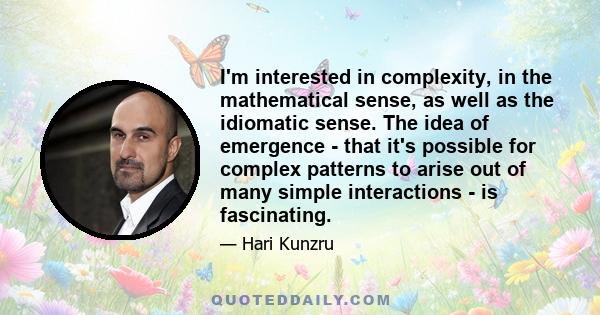 I'm interested in complexity, in the mathematical sense, as well as the idiomatic sense. The idea of emergence - that it's possible for complex patterns to arise out of many simple interactions - is fascinating.