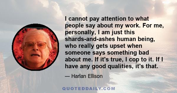 I cannot pay attention to what people say about my work. For me, personally, I am just this shards-and-ashes human being, who really gets upset when someone says something bad about me. If it's true, I cop to it. If I