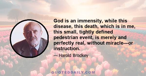 God is an immensity, while this disease, this death, which is in me, this small, tightly defined pedestrian event, is merely and perfectly real, without miracle—or instruction.