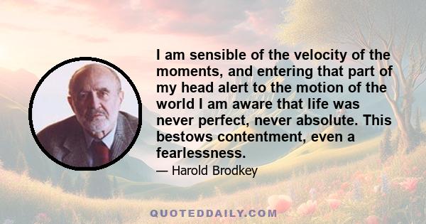 I am sensible of the velocity of the moments, and entering that part of my head alert to the motion of the world I am aware that life was never perfect, never absolute. This bestows contentment, even a fearlessness.