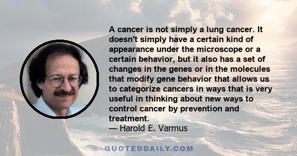 A cancer is not simply a lung cancer. It doesn't simply have a certain kind of appearance under the microscope or a certain behavior, but it also has a set of changes in the genes or in the molecules that modify gene