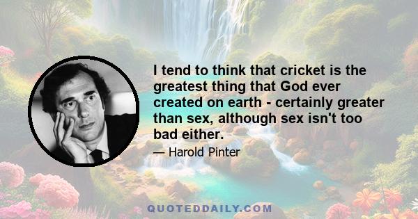 I tend to think that cricket is the greatest thing that God ever created on earth - certainly greater than sex, although sex isn't too bad either.