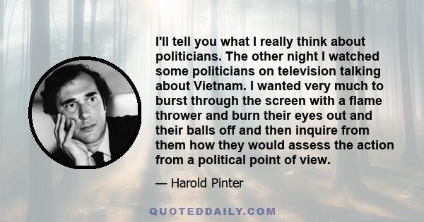 I'll tell you what I really think about politicians. The other night I watched some politicians on television talking about Vietnam. I wanted very much to burst through the screen with a flame thrower and burn their