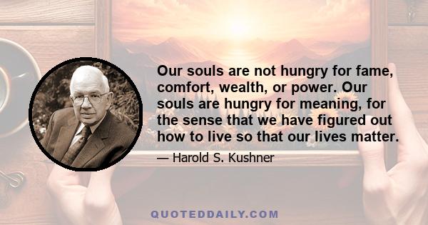 Our souls are not hungry for fame, comfort, wealth, or power. Our souls are hungry for meaning, for the sense that we have figured out how to live so that our lives matter.