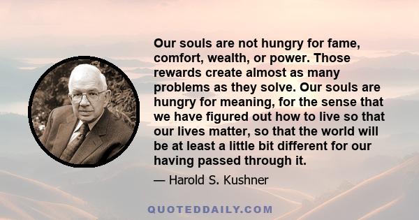 Our souls are not hungry for fame, comfort, wealth, or power. Those rewards create almost as many problems as they solve. Our souls are hungry for meaning, for the sense that we have figured out how to live so that our