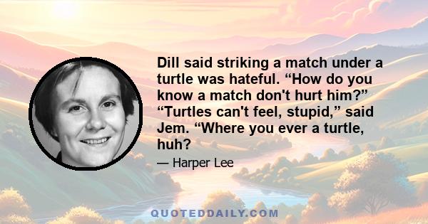 Dill said striking a match under a turtle was hateful. “How do you know a match don't hurt him?” “Turtles can't feel, stupid,” said Jem. “Where you ever a turtle, huh?