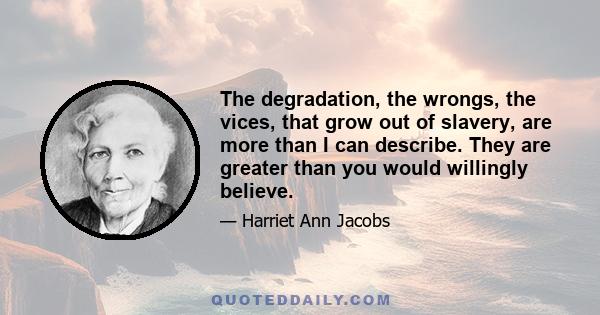 The degradation, the wrongs, the vices, that grow out of slavery, are more than I can describe. They are greater than you would willingly believe.