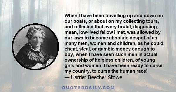 When I have been travelling up and down on our boats, or about on my collecting tours, and reflected that every brutal, disgusting, mean, low-lived fellow I met, was allowed by our laws to become absolute despot of as