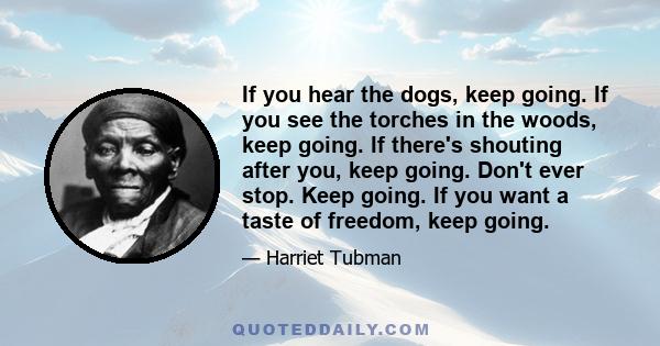 If you hear the dogs, keep going. If you see the torches in the woods, keep going. If there's shouting after you, keep going. Don't ever stop. Keep going. If you want a taste of freedom, keep going.