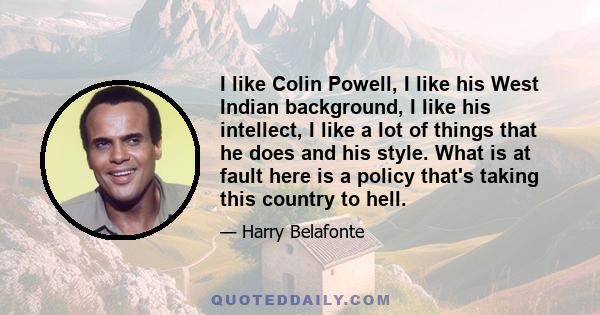 I like Colin Powell, I like his West Indian background, I like his intellect, I like a lot of things that he does and his style. What is at fault here is a policy that's taking this country to hell.