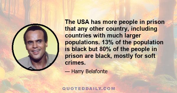 The USA has more people in prison that any other country, including countries with much larger populations. 13% of the population is black but 80% of the people in prison are black, mostly for soft crimes.