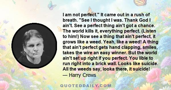 I am not perfect. It came out in a rush of breath. See I thought I was. Thank God I ain't. See a perfect thing ain't got a chance. The world kills it, everything perfect. (Listen to him!) Now see a thing that ain't