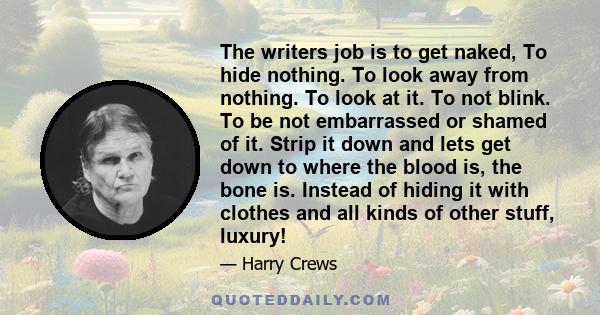 The writers job is to get naked, To hide nothing. To look away from nothing. To look at it. To not blink. To be not embarrassed or shamed of it. Strip it down and lets get down to where the blood is, the bone is.