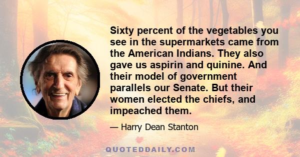 Sixty percent of the vegetables you see in the supermarkets came from the American Indians. They also gave us aspirin and quinine. And their model of government parallels our Senate. But their women elected the chiefs,