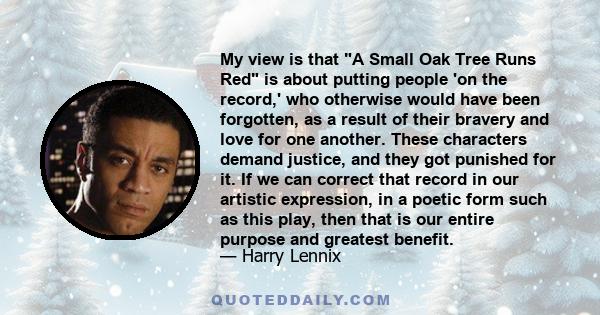 My view is that A Small Oak Tree Runs Red is about putting people 'on the record,' who otherwise would have been forgotten, as a result of their bravery and love for one another. These characters demand justice, and