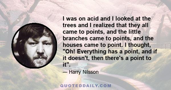 I was on acid and I looked at the trees and I realized that they all came to points, and the little branches came to points, and the houses came to point. I thought, Oh! Everything has a point, and if it doesn't, then