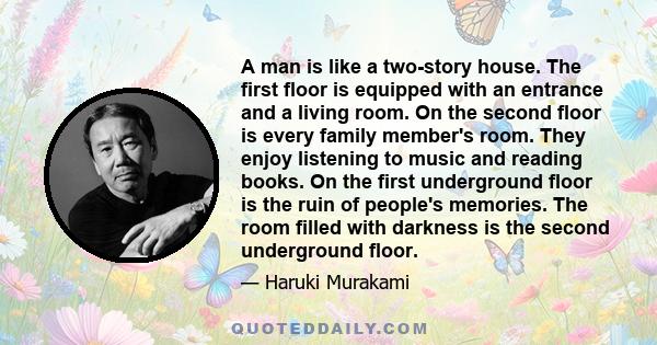 A man is like a two-story house. The first floor is equipped with an entrance and a living room. On the second floor is every family member's room. They enjoy listening to music and reading books. On the first