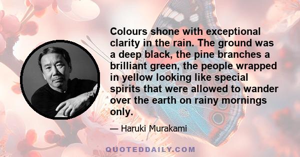 Colours shone with exceptional clarity in the rain. The ground was a deep black, the pine branches a brilliant green, the people wrapped in yellow looking like special spirits that were allowed to wander over the earth