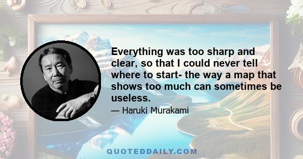 Everything was too sharp and clear, so that I could never tell where to start- the way a map that shows too much can sometimes be useless.