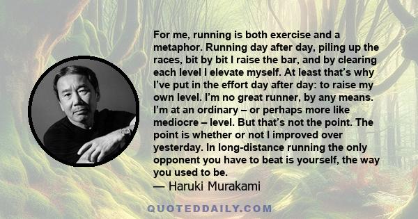 For me, running is both exercise and a metaphor. Running day after day, piling up the races, bit by bit I raise the bar, and by clearing each level I elevate myself. At least that’s why I’ve put in the effort day after