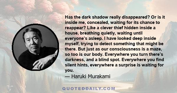 Has the dark shadow really disappeared? Or is it inside me, concealed, waiting for its chance to reappear? Like a clever thief hidden inside a house, breathing quietly, waiting until everyone’s asleep. I have looked