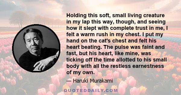 Holding this soft, small living creature in my lap this way, though, and seeing how it slept with complete trust in me, I felt a warm rush in my chest. I put my hand on the cat's chest and felt his heart beating. The