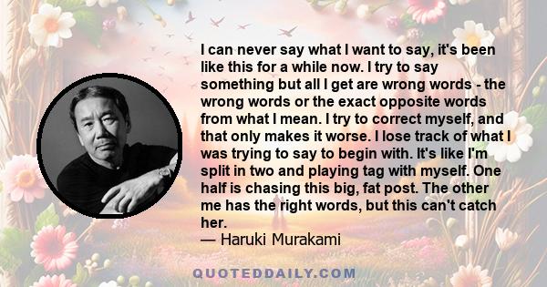 I can never say what I want to say, it's been like this for a while now. I try to say something but all I get are wrong words - the wrong words or the exact opposite words from what I mean. I try to correct myself, and