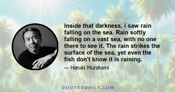 Inside that darkness, i saw rain falling on the sea. Rain softly falling on a vast sea, with no one there to see it. The rain strikes the surface of the sea, yet even the fish don't know it is raining.