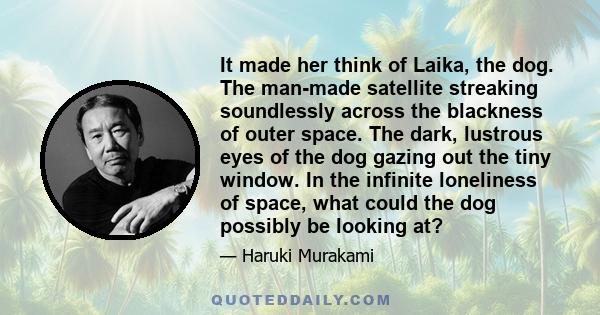 It made her think of Laika, the dog. The man-made satellite streaking soundlessly across the blackness of outer space. The dark, lustrous eyes of the dog gazing out the tiny window. In the infinite loneliness of space,