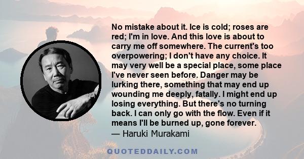 No mistake about it. Ice is cold; roses are red; I'm in love. And this love is about to carry me off somewhere. The current's too overpowering; I don't have any choice. It may very well be a special place, some place