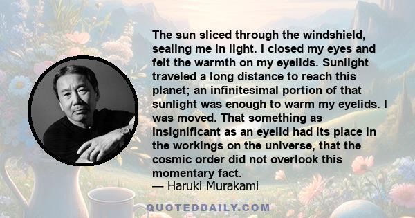 The sun sliced through the windshield, sealing me in light. I closed my eyes and felt the warmth on my eyelids. Sunlight traveled a long distance to reach this planet; an infinitesimal portion of that sunlight was