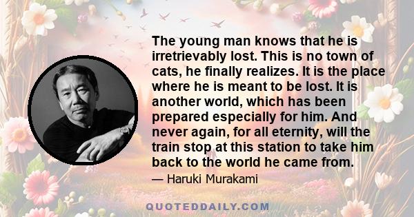 The young man knows that he is irretrievably lost. This is no town of cats, he finally realizes. It is the place where he is meant to be lost. It is another world, which has been prepared especially for him. And never