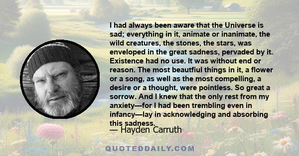 I had always been aware that the Universe is sad; everything in it, animate or inanimate, the wild creatures, the stones, the stars, was enveloped in the great sadness, pervaded by it. Existence had no use. It was